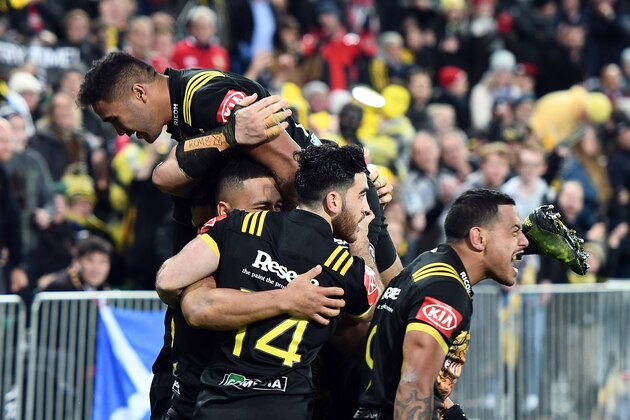 WELLINGTON, NEW ZEALAND - JUNE 27:  Hurricanes celebrate Ngani Laumape of the Hurricanes try during the match between the Hurricanes and the British & Irish Lions at Westpac Stadium on June 27, 2017 in Wellington, New Zealand.  (Photo by Mark Tantrum/Getty Images)