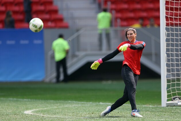 BRASILIA, BRAZIL - AUGUST 12:  Hope Solo #1 of United States warms up before playing against Sweden during the Women's Football Quarterfinal match at Mane Garrincha Stadium on Day 7 of the Rio 2016 Olympic Games on August 12, 2016 in Brasilia, Brazil.  (Photo by Celso Junior/Getty Images)