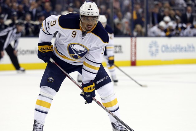 Buffalo Sabres forward Evander Kane is seen against the Columbus Blue Jackets during an NHL hockey game in Columbus, Ohio, Tuesday, March 28, 2017. The Blue Jackets won 3-1. (AP Photo/Paul Vernon) Buffalo Sabres forward Evander Kane is seen against the Columbus Blue Jackets during an NHL hockey game in Columbus, Ohio, Tuesday, March 28, 2017. The Blue Jackets won 3-1. (AP Photo/Paul Vernon)
