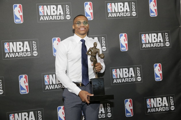 NEW YORK - JUNE 26: Russell Westbrook of the Oklahoma City Thunder after winning the Most Valuable Player of the Year award at the 2017 NBA Awards Show on June 26, 2017 at Basketball City in New York City. NOTE TO USER: User expressly acknowledges and agrees that, by downloading and/or using this photograph, user is consenting to the terms and conditions of the Getty Images License Agreement.  Mandatory Copyright Notice: Copyright 2017 NBAE (Photo by Steven Freeman/NBAE via Getty Images)