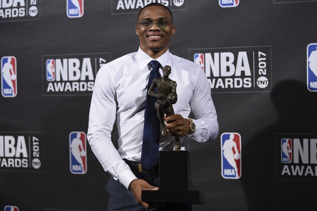 Kia NBA Most Valuable Player, Best Style & Game Winner Award winner, Russell Westbrook, poses in the press room at the 2017 NBA Awards at Basketball City at Pier 36 on Monday, June 26, 2017, in New York. (Photo by Evan Agostini/Invision/AP)
