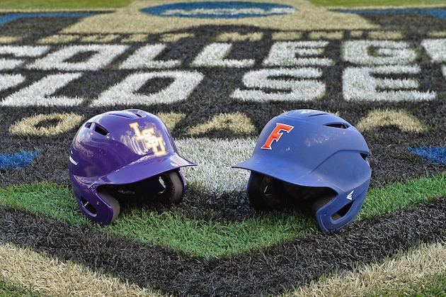 Omaha, NE - JUNE 26:  A general view of of a LSU Tigers and the Florida Gators batting helmets, prior game one of the College World Series Championship Series on June 26, 2017 at TD Ameritrade Park in Omaha, Nebraska.  (Photo by Peter Aiken/Getty Images)