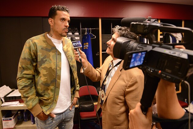 CLEVELAND, OH - JUNE 7:  Matt Barnes #22 of the Golden State Warriors talks to the media in the locker room after Game Three of the 2017 NBA Finals against the Cleveland Cavaliers on June 7, 2017 at Quicken Loans Arena in Cleveland, Ohio. NOTE TO USER: User expressly acknowledges and agrees that, by downloading and or using this photograph, user is consenting to the terms and conditions of Getty Images License Agreement. Mandatory Copyright Notice: Copyright 2017 NBAE (Photo by: Noah Graham/NBAE via Getty Images)