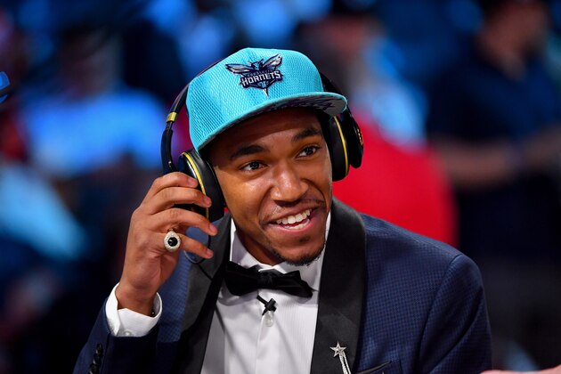 BROOKLYN, NY - JUNE 22:   Malik Monk of the Charlotte Hornets smiles while he talks to the media after being the 11th overall pick at the 2017 NBA Draft on June 22, 2017 at Barclays Center in Brooklyn, New York. NOTE TO USER: User expressly acknowledges and agrees that, by downloading and or using this photograph, User is consenting to the terms and conditions of the Getty Images License Agreement. Mandatory Copyright Notice: Copyright 2017 NBAE (Photo by Jesse D. Garrabrant/NBAE via Getty Images)