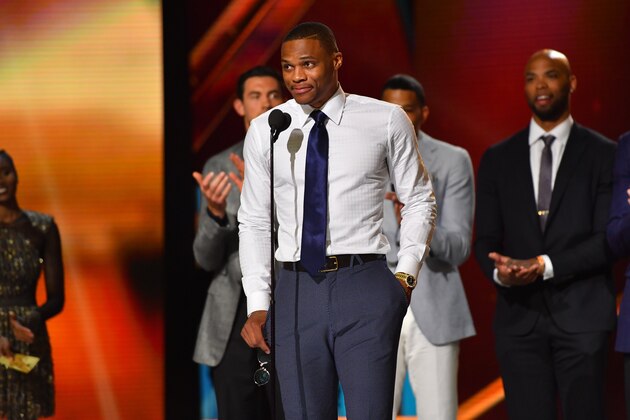 NEW YORK - JUNE 26: Russell Westbrook of the Oklahoma City Thunder speaks after winning the Most Valuable Player of the Year award during the 2017 NBA Awards Show on June 26, 2017 at Basketball City in New York City. NOTE TO USER: User expressly acknowledges and agrees that, by downloading and/or using this photograph, user is consenting to the terms and conditions of the Getty Images License Agreement.  Mandatory Copyright Notice: Copyright 2017 NBAE (Photo by Jesse D. Garrabrant/NBAE via Getty Images)