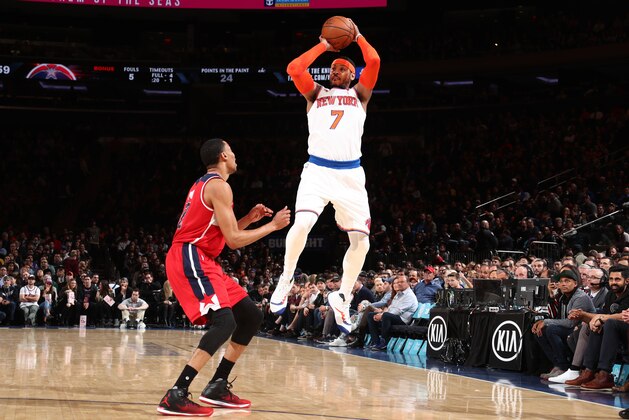NEW YORK, NY - APRIL 6:  Carmelo Anthony #7 of the New York Knicks shoots the ball during a game against the Washington Wizards on April 6, 2017 at Madison Square Garden in New York City, New York. NOTE TO USER: User expressly acknowledges and agrees that, by downloading and/or using this photograph, user is consenting to the terms and conditions of the Getty Images License Agreement. Mandatory Copyright Notice: Copyright 2017 NBAE (Photo by Nathaniel S. Butler/NBAE via Getty Images)