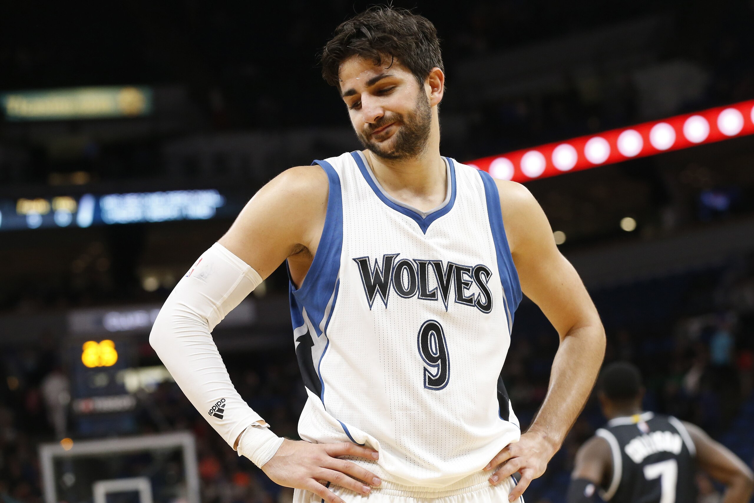 Minnesota Timberwolves' Ricky Rubio reacts in the closing seconds as the Timberwolves lost to the Sacramento Kings 123-117 in an NBA basketball game Saturday, April 1, 2017, in Minneapolis. (AP Photo/Jim Mone)