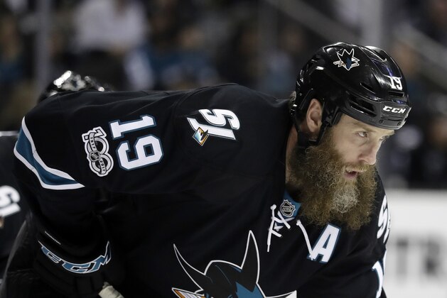San Jose Sharks' Joe Thornton (19) during the first period of an NHL hockey game against the St. Louis Blues Thursday, March 16, 2017, in San Jose, Calif. (AP Photo/Marcio Jose Sanchez)