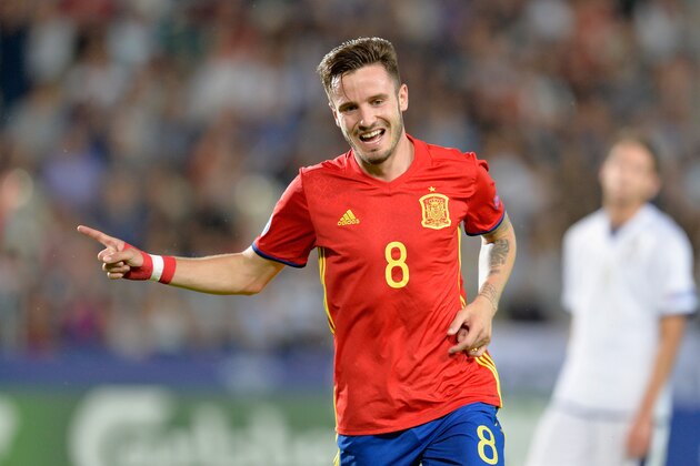 KRAKOW, POLAND - JUNE 27: Saul Niguez of Spain celebrates scoring his sides third goal during the UEFA European Under-21 Championship Semi Final match between Spain and Italy at Krakow Stadium on June 27, 2017 in Krakow, Poland.  (Photo by Adam Nurkiewicz/Getty Images)