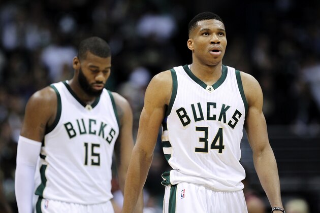 MILWAUKEE, WI - APRIL 27:  Greg Monroe #15 and Giannis Antetokounmpo #34 of the Milwaukee Bucks walk across the court in the fourth quarter in Game Six of the Eastern Conference Quarterfinals against the Toronto Raptors during the 2017 NBA Playoffs at BMO Harris Bradley Center on April 27, 2017 in Milwaukee, Wisconsin. NOTE TO USER: User expressly acknowledges and agrees that, by downloading and or using this photograph, User is consenting to the terms and conditions of the Getty Images License Agreement. (Photo by Dylan Buell/Getty Images))