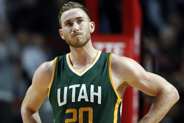 Utah Jazz guard/forward Gordon Hayward reacts after center Rudy Gobert called for his sixth and final foul during the second half of an NBA basketball game against the Chicago Bulls Saturday, March 18, 2017, in Chicago. The Bulls won 95-86. (AP Photo/Nam Y. Huh)