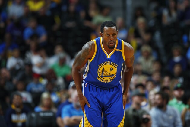 Golden State Warriors forward Andre Iguodala (9) in the first half of an NBA preseason basketball game Friday, Oct. 14, 2016, in Denver. (AP Photo/David Zalubowski)
