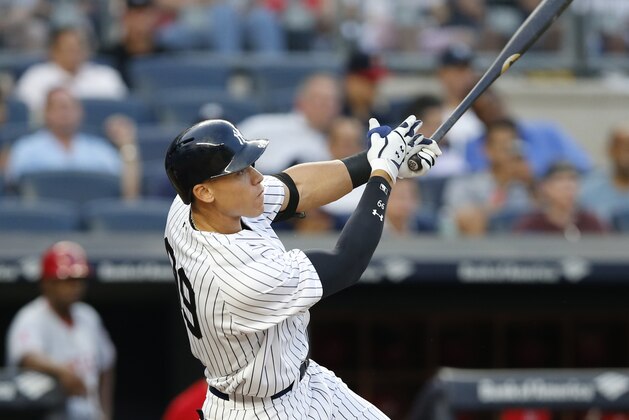 New York Yankees Aaron Judge hits a second-inning, three-run home run in a baseball game against the Los Angeles Angels in New York, Thursday, June 22, 2017. (AP Photo/Kathy Willens) New York Yankees Aaron Judge hits a second-inning, three-run home run in a baseball game against the Los Angeles Angels in New York, Thursday, June 22, 2017. (AP Photo/Kathy Willens)