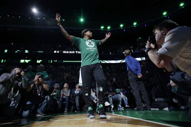 Boston Celtics guard Isaiah Thomas is introduced before Game 7 of a second-round NBA basketball playoff series against the Washington Wizards, Monday, May 15, 2017, in Boston. (AP Photo/Charles Krupa)