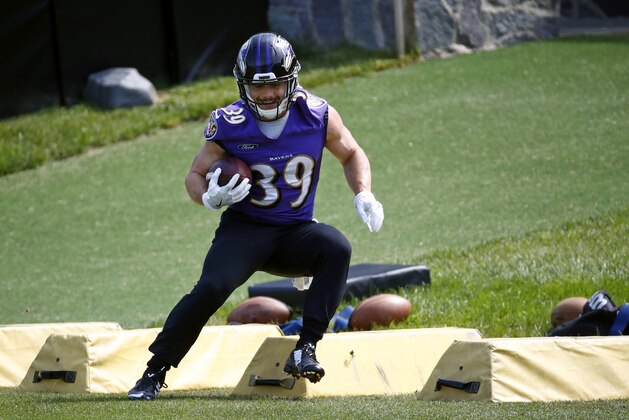 Baltimore Ravens running back Danny Woodhead runs a drill during NFL football minicamp at the team's practice facility in Owings Mills, Md., Thursday, June 15, 2017. (AP Photo/Patrick Semansky)