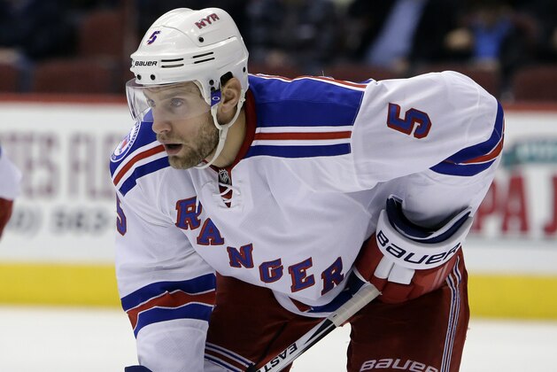New York Rangers defenseman Dan Girardi (5) in the first period during an NHL hockey game against the Arizona Coyotes, Thursday, Dec. 29, 2016, in Glendale, Ariz. (AP Photo/Rick Scuteri)