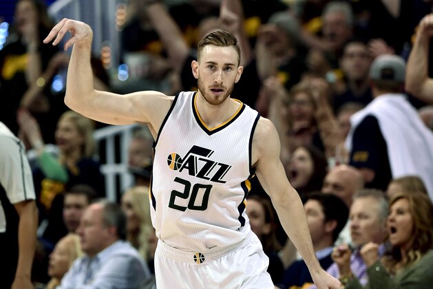 SALT LAKE CITY, UT - MAY 6: Gordon Hayward #20 of the Utah Jazz reacts to his late game three point basket during their 102-91 loss to the Golden State Warriors in Game Three of the Western Conference Semifinals during the 2017 NBA Playoffs at Vivint Smart Home Arena on May 6, 2017 in Salt Lake City, Utah. NOTE TO USER: User expressly acknowledges and agrees that, by downloading and or using this photograph, User is consenting to the terms and conditions of the Getty Images License Agreement. (Photo by Gene Sweeney Jr/Getty Images)