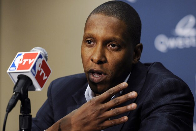 Denver Nuggets executive vice president of basketball operations Masai Ujiri talks during the NBA basketball team's media day Monday, Sept. 27, 2010, in Denver.  (AP Photo/Jack Dempsey)