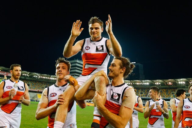 BRISBANE, QUEENSLAND - JUNE 24: Heath Shaw of the Giants celebrates after his 250th game during the round 14 AFL match between the Brisbane Lions and the Greater Western Sydney Giants at The Gabba on June 24, 2017 in Brisbane, Australia. (Photo by Jason O'Brien/AFL Media/Getty Images) BRISBANE, QUEENSLAND - JUNE 24: Heath Shaw of the Giants celebrates after his 250th game during the round 14 AFL match between the Brisbane Lions and the Greater Western Sydney Giants at The Gabba on June 24, 2017 in Brisbane, Australia. (Photo by Jason O'Brien/AFL Media/Getty Images)