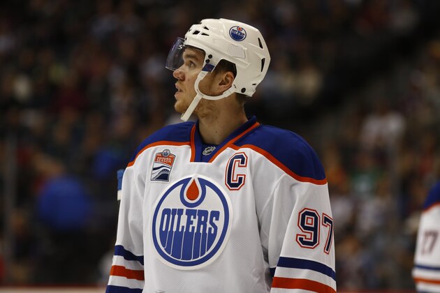 Edmonton Oilers center Connor McDavid (97) in the third period of an NHL hockey game Thursday, March 23, 2017, in Denver. Edmonton won 7-4. (AP Photo/David Zalubowski)