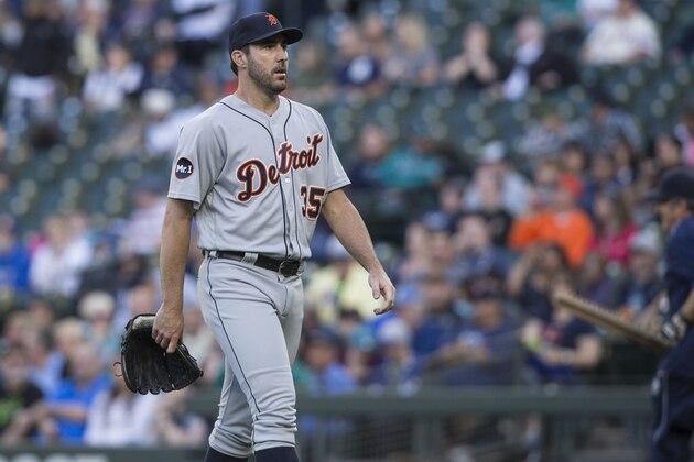 SEATTLE, WA - JUNE 21: Starting pitcher Justin Verlander #35 of the Detroit Tigers walks off the field after pitching an inning during a game against the Seattle Mariners at Safeco Field on June 21, 2017 in Seattle, Washington. The Mariners won the game 7-5. (Photo by Stephen Brashear/Getty Images)