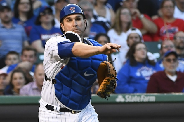 May 17, 2017; Chicago, IL, USA; Chicago Cubs catcher Miguel Montero (47) throws to first base against the Chicago Cubs at Wrigley Field. Mandatory Credit: Matt Marton-USA TODAY Sports