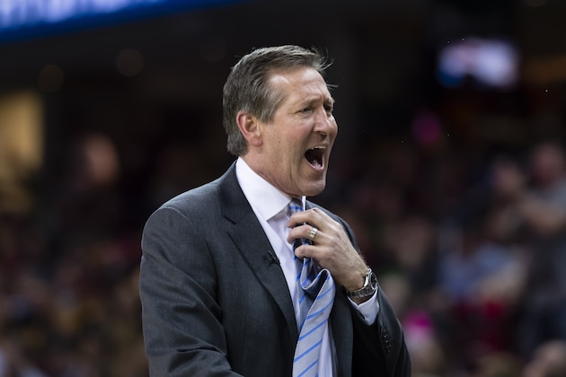 CLEVELAND, OH - FEBRUARY 23: Jeff Hornacek of the New York Knicks signals to his players during the second half against the Cleveland Cavaliers at Quicken Loans Arena on February 23, 2017 in Cleveland, Ohio. The Cavaliers defeated the Knicks 119-104. NOTE TO USER: User expressly acknowledges and agrees that, by downloading and/or using this photograph, user is consenting to the terms and conditions of the Getty Images License Agreement. (Photo by Jason Miller/Getty Images)