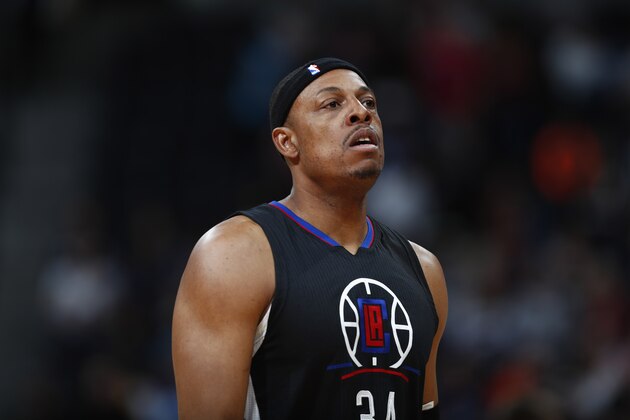 Los Angeles Clippers forward Paul Pierce (34) in the second half of an NBA basketball game Thursday, March 16, 2017, in Denver. The Nuggets won 129-114. (AP Photo/David Zalubowski)