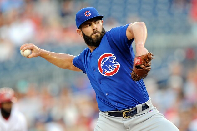 WASHINGTON, DC - JUNE 27:  Jake Arrieta #49 of the Chicago Cubs pitches in the first inning against the Washington Nationals at Nationals Park on June 27, 2017 in Washington, DC.  (Photo by Greg Fiume/Getty Images)