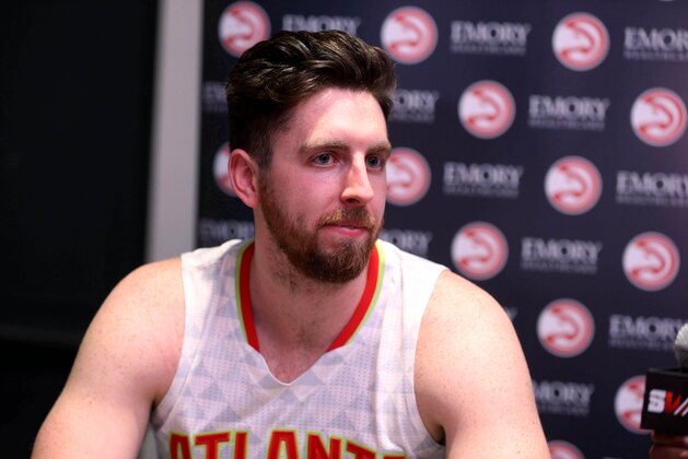 Sep 26, 2016; Atlanta, GA, USA; Atlanta Hawks forward Ryan Kelly (30) talks with members of the media during Atlanta Hawks media day at The W Hotel. Mandatory Credit: Jason Getz-USA TODAY Sports