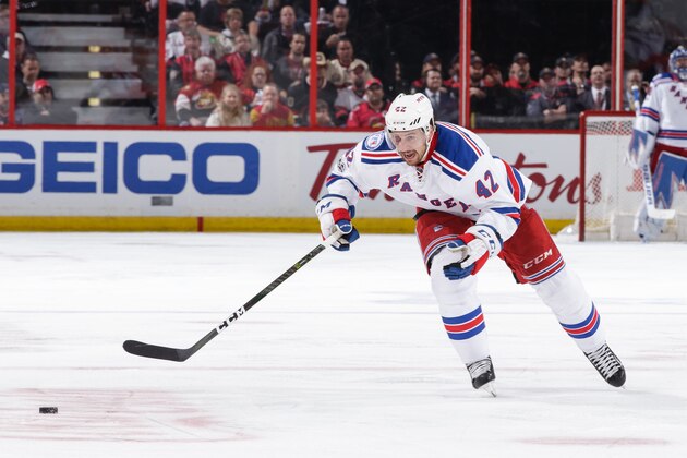 OTTAWA, ON - MAY 6:  Brendan Smith #42 of the New York Rangers skates with the puck against the Ottawa Senators in Game Five of the Eastern Conference Second Round during the 2017 NHL Stanley Cup Playoffs at Canadian Tire Centre on May 6, 2017 in Ottawa, Ontario, Canada.  (Photo by Jana Chytilova/Freestyle Photography/Getty Images) *** Local Caption ***