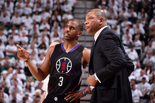 SALT LAKE CITY, UT - APRIL 21: Doc Rivers of the Los Angeles Clippers talks with Chris Paul #3 of the Los Angeles Clippers during the game against the Utah Jazz during the Western Conference Quarter-finals of the 2017 NBA Playoffs on April 21, 2017 at Vivint Smart Home Arena in Salt Lake City, Utah. NOTE TO USER: User expressly acknowledges and agrees that, by downloading and or using this Photograph, User is consenting to the terms and conditions of the Getty Images License Agreement. Mandatory Copyright Notice: Copyright 2017 NBAE (Photo by Andrew D. Bernstein/NBAE via Getty Images)
