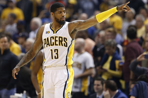 Apr 23, 2017; Indianapolis, IN, USA; Indiana Pacers forward Paul George (13) points during a game against the Cleveland Cavaliers in game four of the first round of the 2017 NBA Playoffs at Bankers Life Fieldhouse. Cleveland defeats Indiana 106-102. Mandatory Credit: Brian Spurlock-USA TODAY Sports