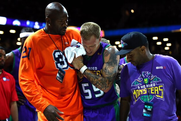 NEW YORK, NY - JUNE 25:  Jason Williams #55 of the 3 Headed Monsters is helped off the floor after an injury in the game against the Ghost Ballers during week one of the BIG3 three on three basketball league at Barclays Center on June 25, 2017 in New York City.  (Photo by Al Bello/Getty Images)