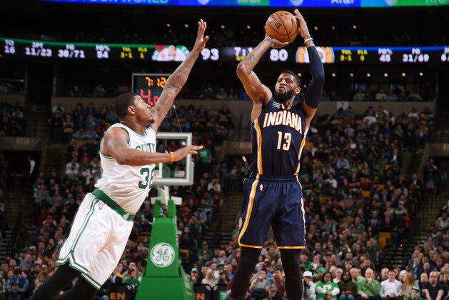 BOSTON, MA - MARCH 22: Paul George #13 of the Indiana Pacers shoots the ball against the Boston Celtics during the game on March 22, 2017 at the TD Garden in Boston, Massachusetts.  NOTE TO USER: User expressly acknowledges and agrees that, by downloading and or using this photograph, User is consenting to the terms and conditions of the Getty Images License Agreement. Mandatory Copyright Notice: Copyright 2017 NBAE  (Photo by Brian Babineau/NBAE via Getty Images)