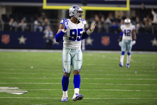 Dallas Cowboys' David Irving celebrates sacking Tampa Bay Buccaneers' Jameis Winston during an NFL football game, Sunday, Dec. 18, 2016, in Arlington, Texas. (AP Photo/Ron Jenkins)