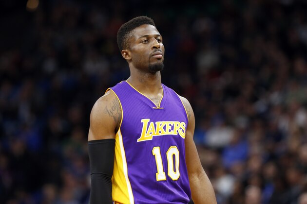 Los Angeles Lakers' David Nwaba plays against the Minnesota Timberwolves during the first half of an NBA basketball game Thursday, March 30, 2017, in Minneapolis. (AP Photo/Jim Mone)