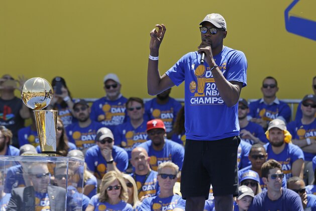 Kevin Durant speaks during the Golden State Warriors NBA championship rally Thursday, June 15, 2017, in Oakland, Calif. Oakland is celebrating its second championship in the past three years. (AP Photo/Eric Risberg)