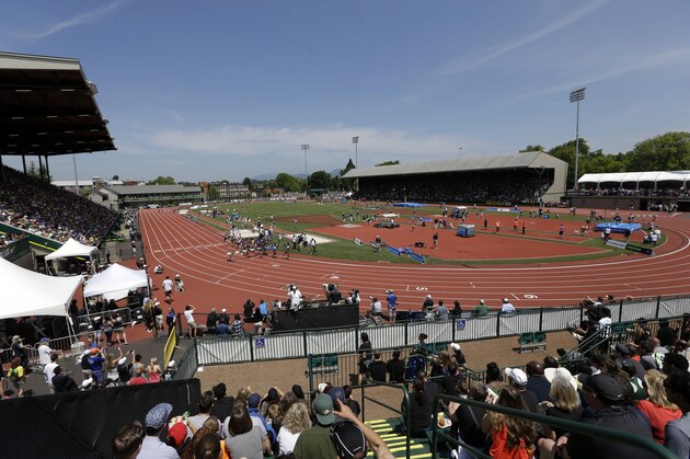 Hayward Field is viewed during the Prefontaine Classic track and field meet in Eugene, Ore., Saturday, May 30, 2015. (AP Photo/Don Ryan)