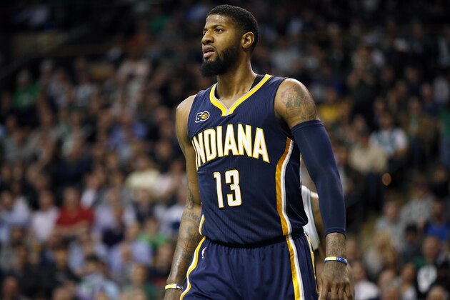 Indiana Pacers' Paul George during the third quarter of an NBA basketball game against the Boston Celtics in Boston, Wednesday, March 22, 2017. The Celtics won 109-100. (AP Photo/Michael Dwyer)