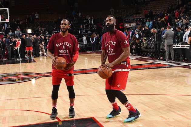 TORONTO, CANADA - FEBRUARY 14:  Chris Paul #3 of the Western Conference and James Harden #13 of the Western Conference warms up before the game the 2016 NBA All-Star Game on February 14, 2016 at the Air Canada Centre in Toronto, Ontario, Canada.  NOTE TO USER: User expressly acknowledges and agrees that, by downloading and or using this Photograph, user is consenting to the terms and conditions of the Getty Images License Agreement.  Mandatory Copyright Notice: Copyright 2016 NBAE  (Photo by Ron Turenne/NBAE via Getty Images)