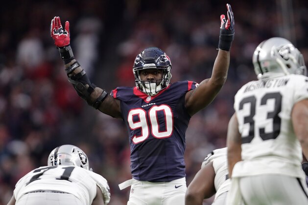HOUSTON, TX - JANUARY 07:  Jadeveon Clowney #90 of the Oakland Raiders lines up against the Oakland Raiders during the first half of their AFC Wild Card game at NRG Stadium on January 7, 2017 in Houston, Texas.  (Photo by Tim Warner/Getty Images)