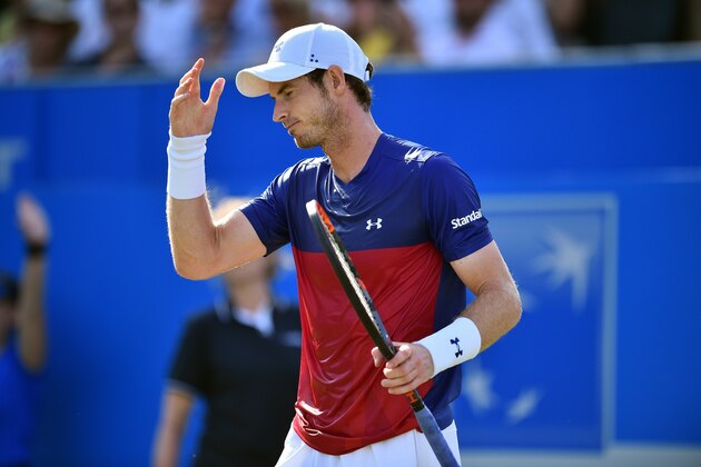 Britain's Andy Murray reacts against Australia's Jordan Thompson during their men's singles first round tennis match at the ATP Aegon Championships tennis tournament at Queen's Club in west London on June 20, 2017.
Murray lost the match 6-7, 2-6. / AFP PHOTO / GLYN KIRK        (Photo credit should read GLYN KIRK/AFP/Getty Images)