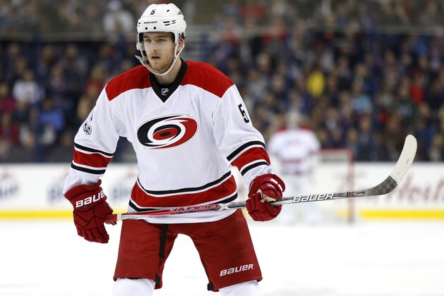 Carolina Hurricanes defenseman Noah Hanifin is seen against the Columbus Blue Jackets during an NHL hockey game in Columbus, Ohio, Tuesday, Jan. 17, 2017. The Blue Jackets won 4-1. (AP Photo/Paul Vernon)