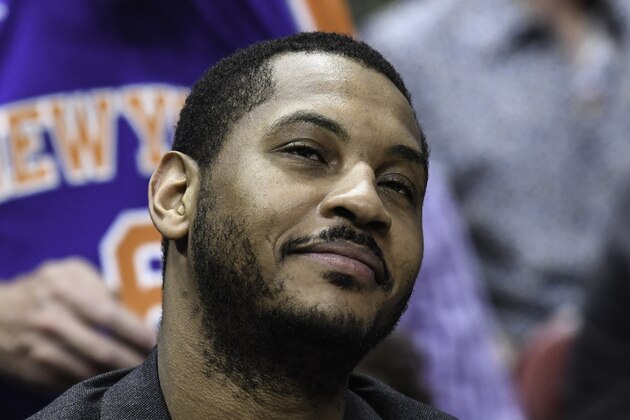 MIAMI, FL - MARCH 31:  Carmelo Anthony of the New York Knicks looks on during a NBA game against the Miami Heat on March 31, 2017 at AmericanAirlines Arena in Miami, Florida. NOTE TO USER: User expressly acknowledges and agrees that, by downloading and or using this Photograph, user is consenting to the terms and conditions of the Getty Images License Agreement.  (Photo by Ron Elkman/Sports Imagery/Getty Images)