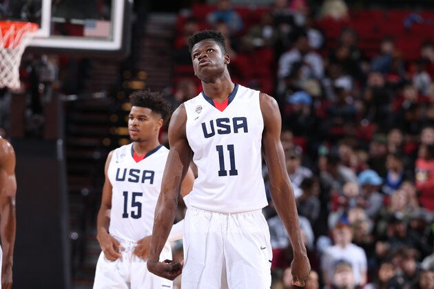 PORTLAND, OR - APRIL 7: Mohammed Bamba #11 of the USA Junior Select Team looks on against the World Select Team during the game on April 7, 2017 at the MODA Center Arena in Portland, Oregon. NOTE TO USER: User expressly acknowledges and agrees that, by downloading and or using this photograph, User is consenting to the terms and conditions of License Agreement. Mandatory Copyright Notice: Copyright 2017 NBAE (Photo by Sam Forencich)