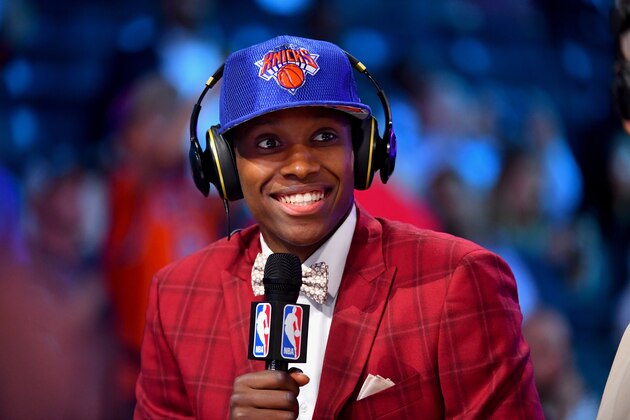 BROOKLYN, NY - JUNE 22:   Frank Ntilikina of the New York Knicks smiles while talking to the media after being the eighth overall selected at the 2017 NBA Draft on June 22, 2017 at Barclays Center in Brooklyn, New York. NOTE TO USER: User expressly acknowledges and agrees that, by downloading and or using this photograph, User is consenting to the terms and conditions of the Getty Images License Agreement. Mandatory Copyright Notice: Copyright 2017 NBAE (Photo by Jesse D. Garrabrant/NBAE via Getty Images)