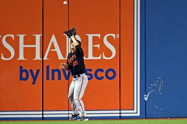 Oct 4, 2016; Toronto, Ontario, CAN; Baltimore Orioles left fielder Hyun Soo Kim (25) catches a fly ball as a fan throws object on the field during the seventh inning against the Toronto Blue Jays in the American League wild card playoff baseball game at Rogers Centre. Mandatory Credit: Nick Turchiaro-USA TODAY Sports