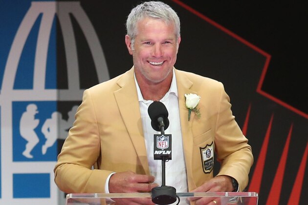 Aug 6, 2016; Canton, OH, USA; Former Green Bay Packers quarterback Brett Favre gives his acceptance speech during the 2016 NFL Hall of Fame enshrinement at Tom Benson Hall of Fame Stadium. Mandatory Credit: Charles LeClaire-USA TODAY Sports