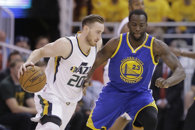 Utah Jazz forward Gordon Hayward (20) drives as Golden State Warriors forward Draymond Green (23) defends in the first half during Game 4 of the NBA basketball second-round playoff series, Monday, May 8, 2017, in Salt Lake City. (AP Photo/Rick Bowmer)